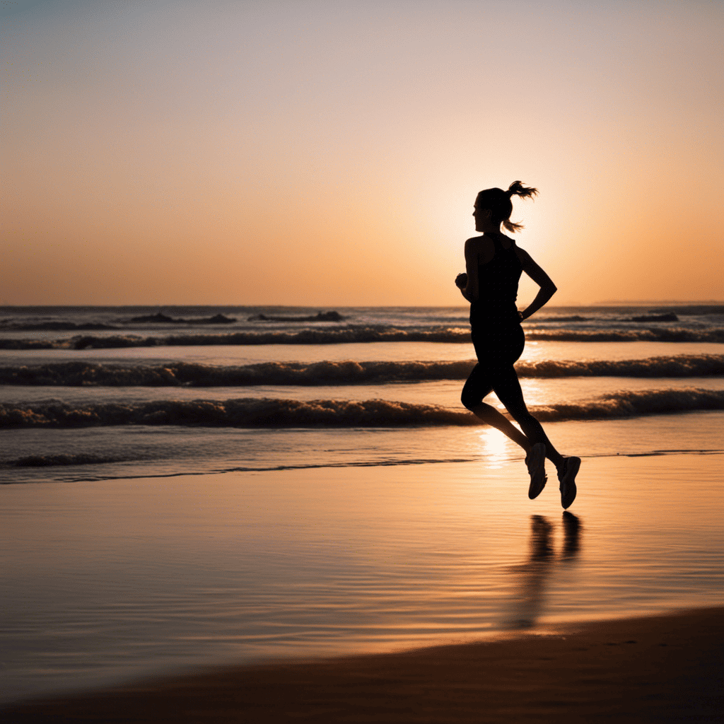 An image showcasing a vibrant sunrise over a serene beach, with a silhouette of a person jogging along the shore, radiating energy and determination, inspiring readers to make fitness an integral part of their daily lives