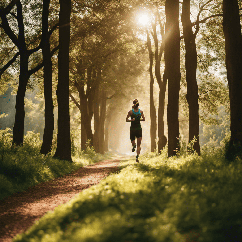 An image of a person jogging along a scenic path, surrounded by trees and sunlight