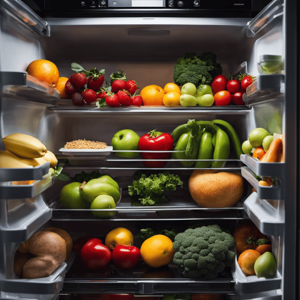 An image showcasing a colorful, well-organized refrigerator filled with fresh fruits, vegetables, lean proteins, and whole grains