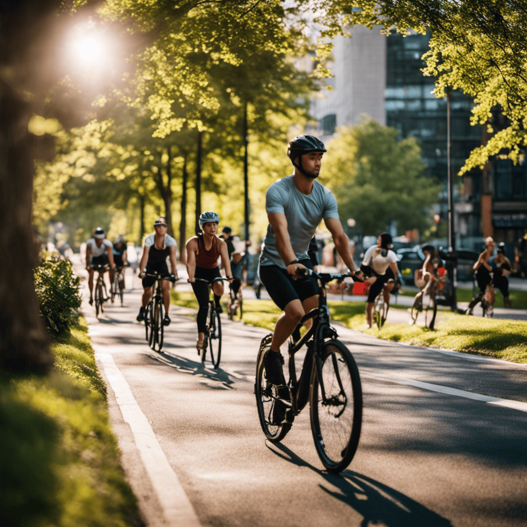 An image capturing a busy city street, with people biking to work, jogging during lunch breaks, and a park filled with individuals doing yoga and playing sports, showcasing the seamless integration of fitness into daily routines