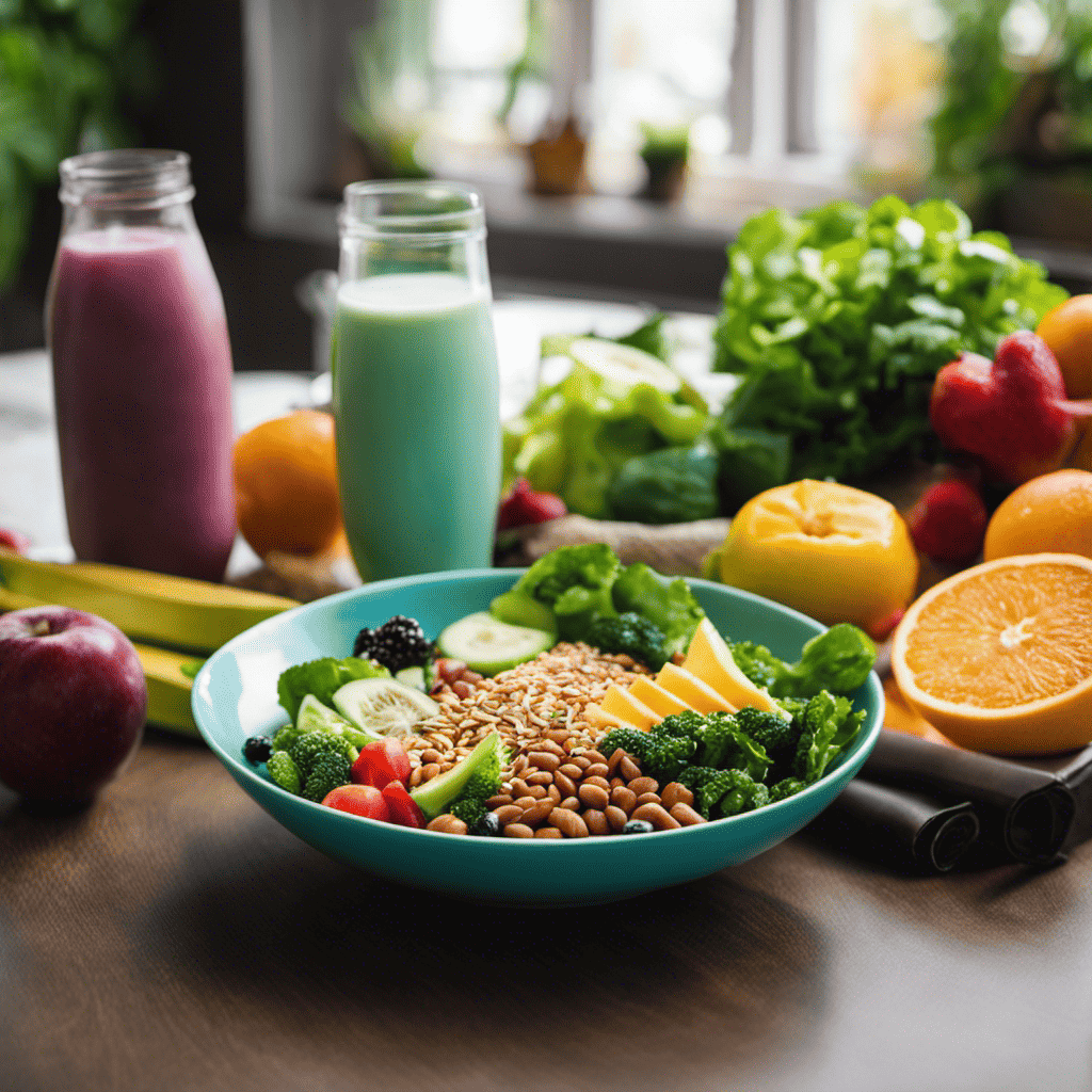 An image showcasing a colorful plate filled with nutrient-dense foods like lean proteins, leafy greens, vibrant fruits, and whole grains