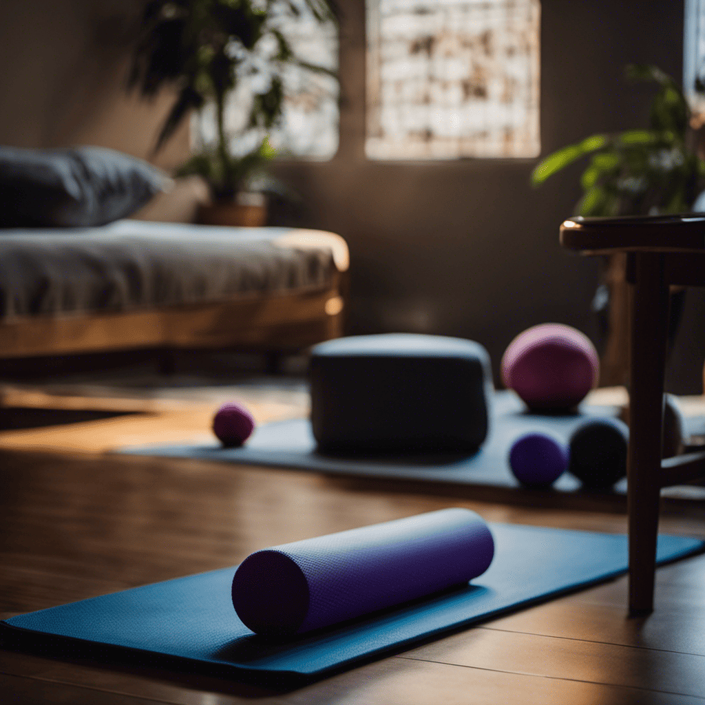 An image depicting a serene setting: a dimly lit room with a foam roller, massage balls, and a yoga mat neatly laid out