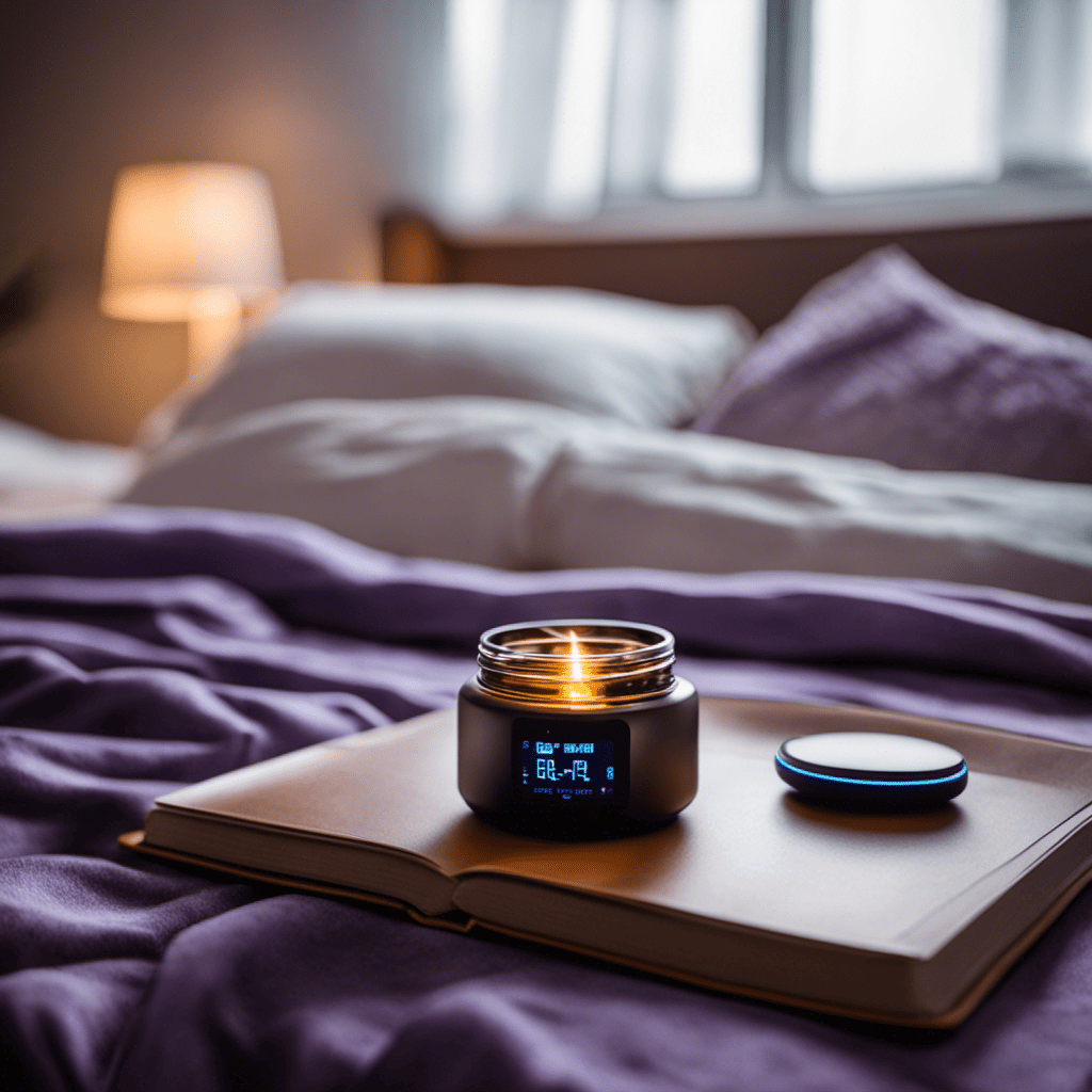 An image showing a serene bedroom scene with a dimly lit bedside table featuring a sleep tracker, lavender essential oil diffuser, cozy sleep mask, and a book on sleep hygiene