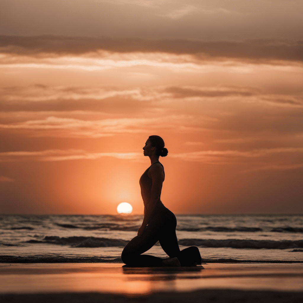 An image of a serene sunset beach scene, with a silhouette of a person stretching on a yoga mat