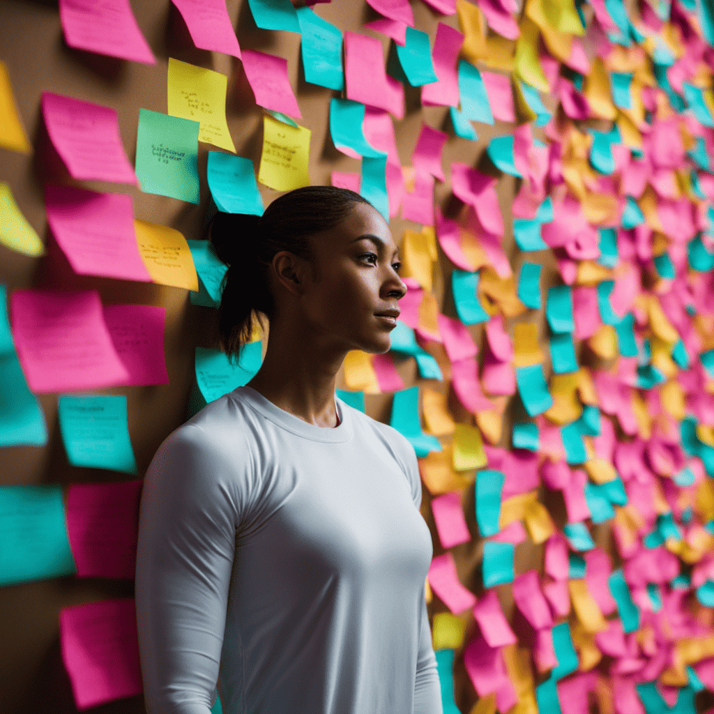 An image showcasing a person wearing fitness attire, standing in front of a wall covered in colorful sticky notes