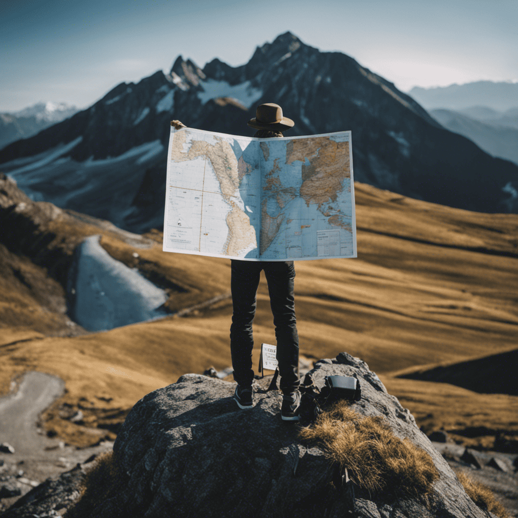 An image depicting a person standing at the base of a mountain, holding a map with small checkpoints leading up to the summit