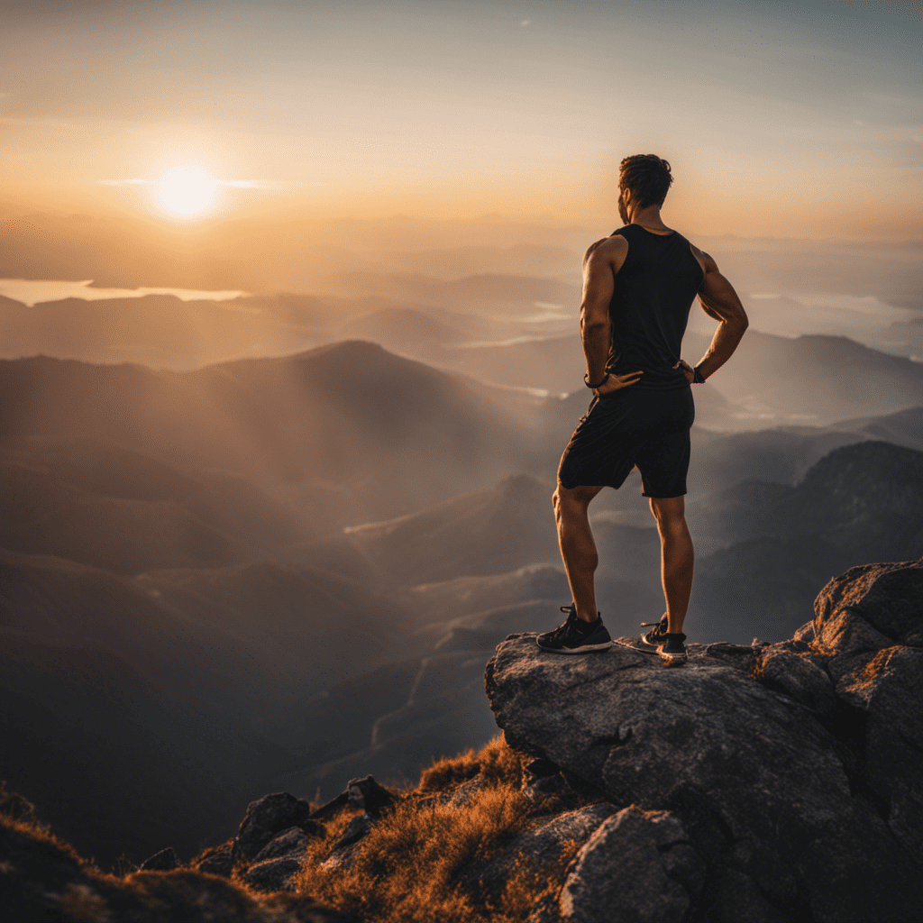 An image of a person standing on top of a mountain, confidently gazing into the distance