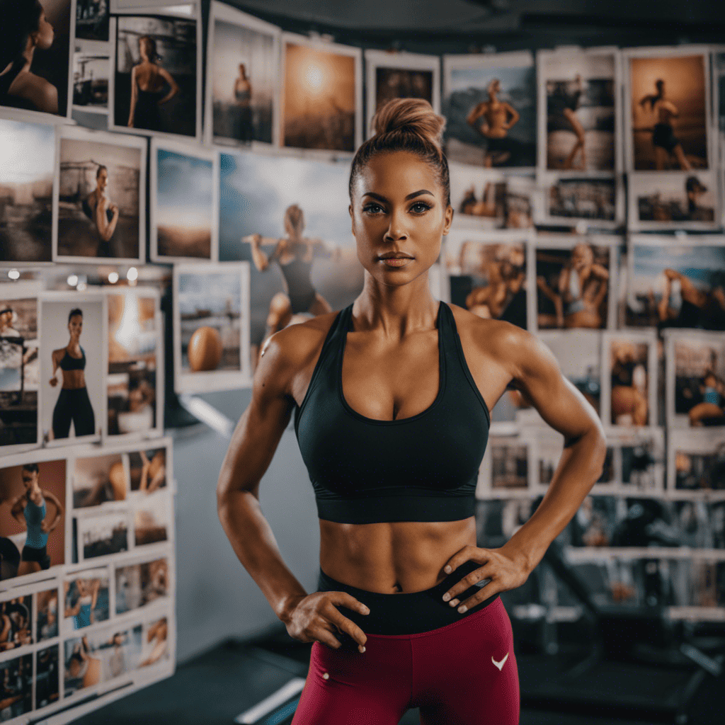 An image capturing a woman in workout attire, standing before a vision board adorned with realistic fitness goals