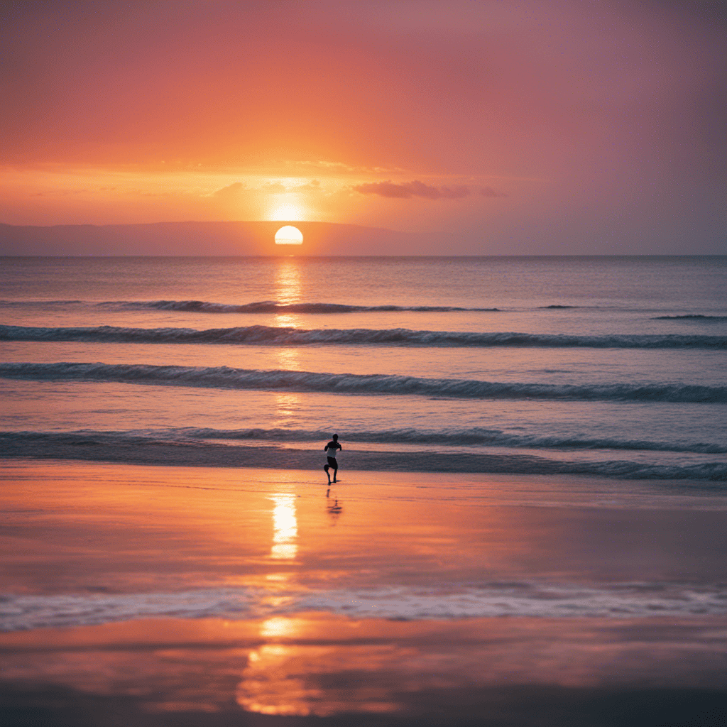 An image showcasing a vibrant sunrise over a tranquil beach, where a dedicated athlete joyfully jogs along the shoreline, encapsulating the invigorating feeling of motivation and determination to work out