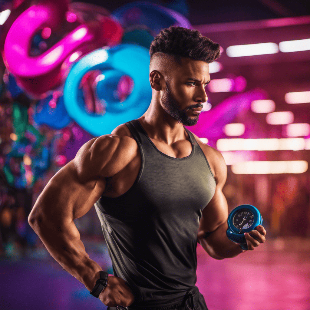 An image featuring a person with a determined expression, surrounded by vibrant colors and inspiring symbols like a stopwatch, dumbbells, and a vision board, radiating positivity and focus to motivate readers to stay committed to their workout routine