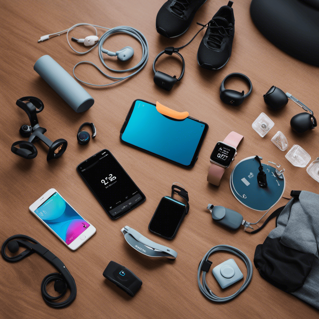 An image featuring a person wearing workout clothes, surrounded by a variety of fitness gadgets such as smartwatches, wireless earphones, and a smartphone displaying fitness apps