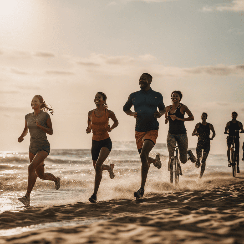 An image showcasing a group of diverse individuals engaging in various activities: a person running on a beach, another doing yoga in a park, someone swimming, and another cycling, all radiating joy and energy