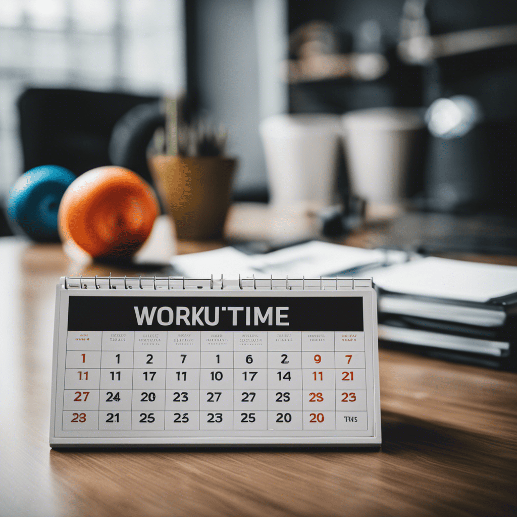 An image depicting a sleek, minimalist calendar with color-coded workout days, surrounded by motivational gym equipment and a clock displaying the ideal workout time
