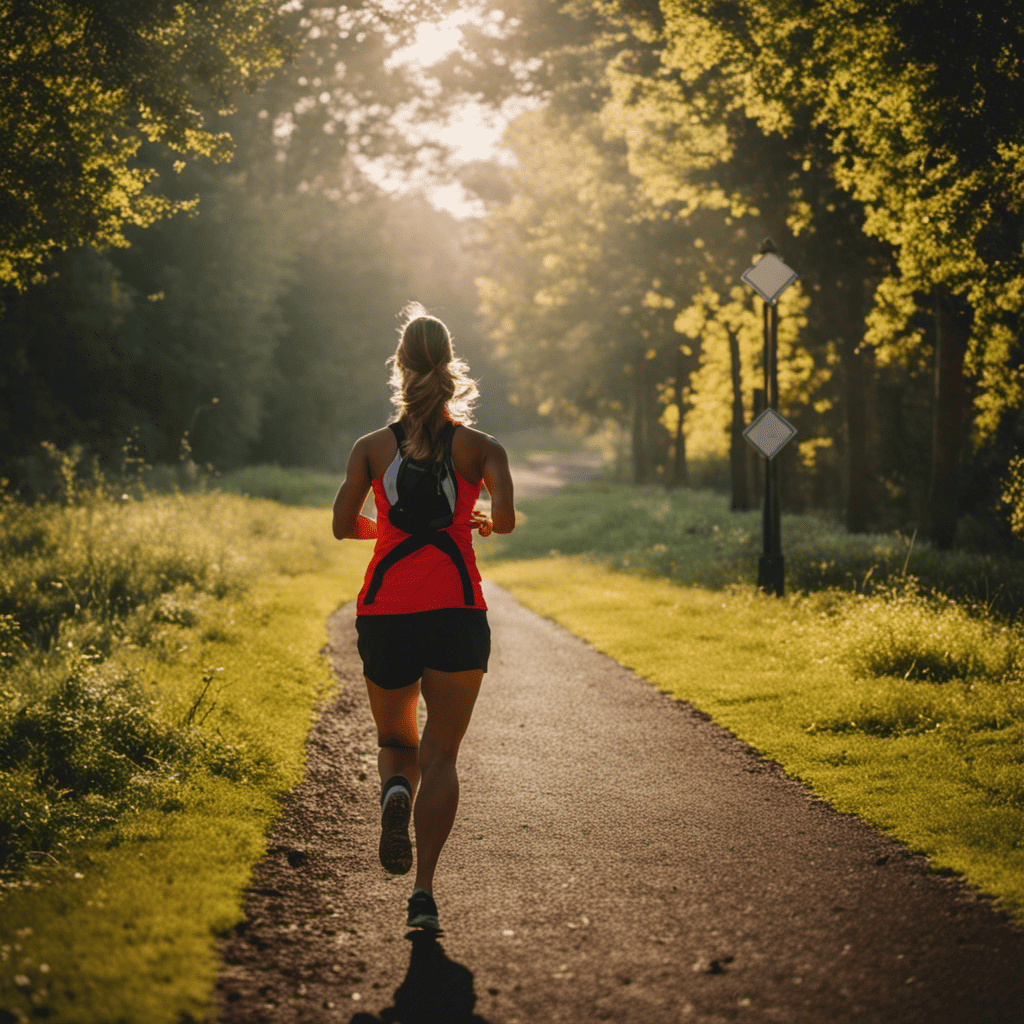 An image of a person jogging on a path towards a distant finish line, surrounded by signposts with clear milestones like "Run 5k" and "Lose 10 pounds," symbolizing the importance of setting clear and attainable goals in staying on track with your fitness routine