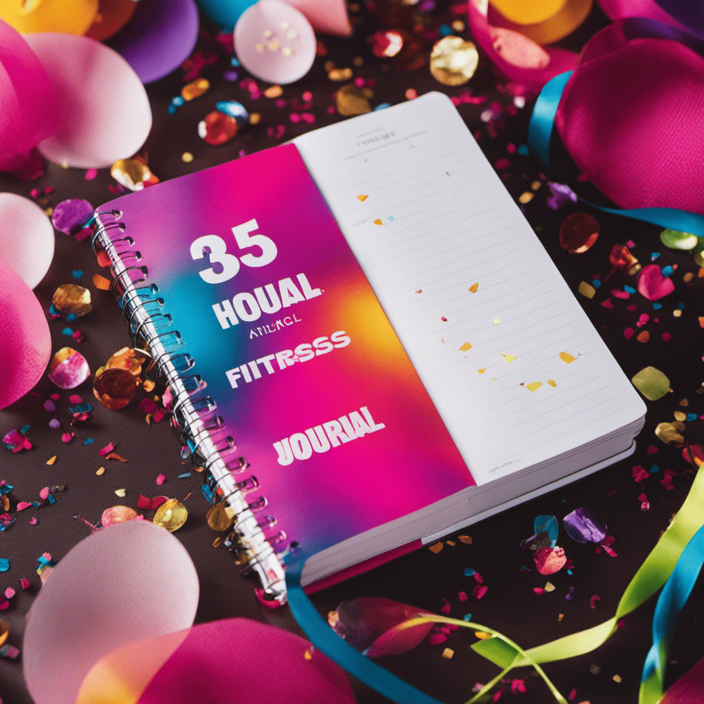 An image showcasing a vibrant, colorful fitness journal with neatly written entries tracking workout progress and milestones