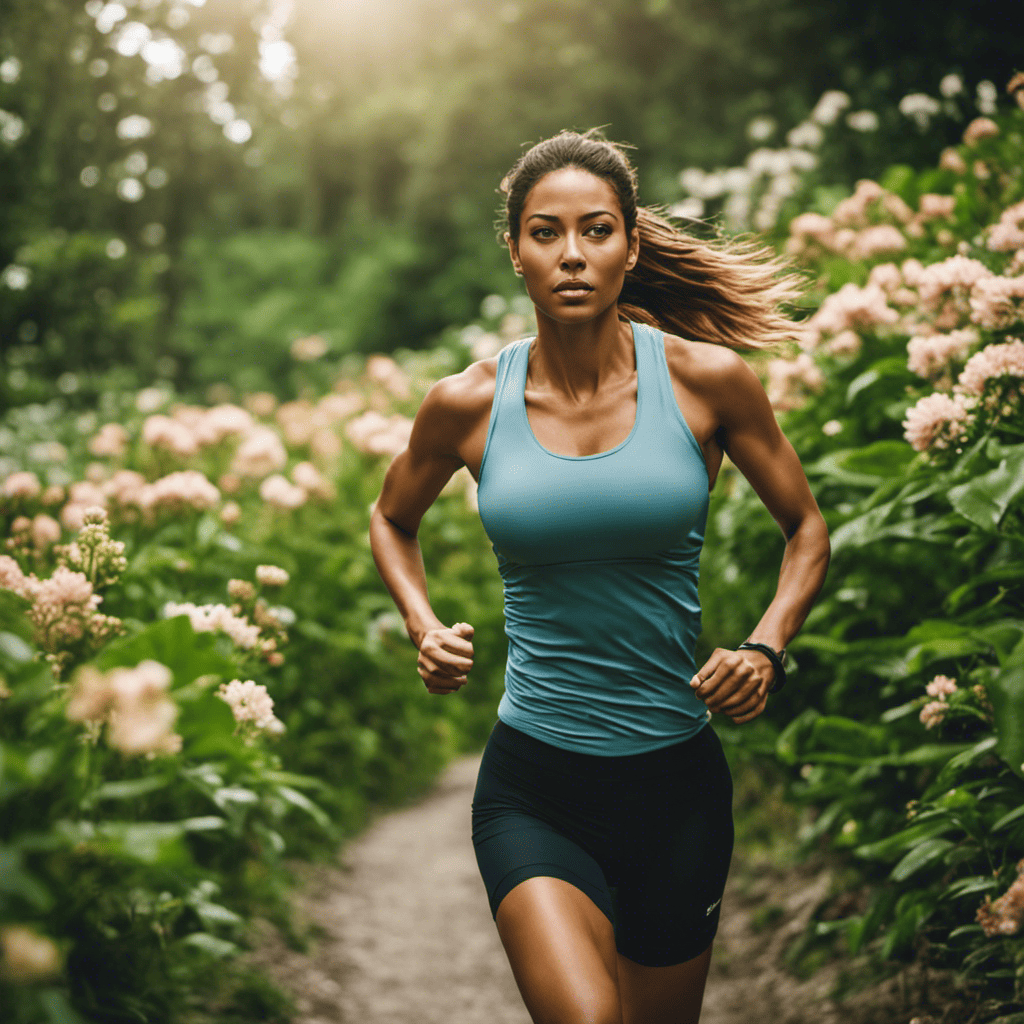 An image of a woman in workout attire, jogging along a scenic trail surrounded by lush greenery and blooming flowers