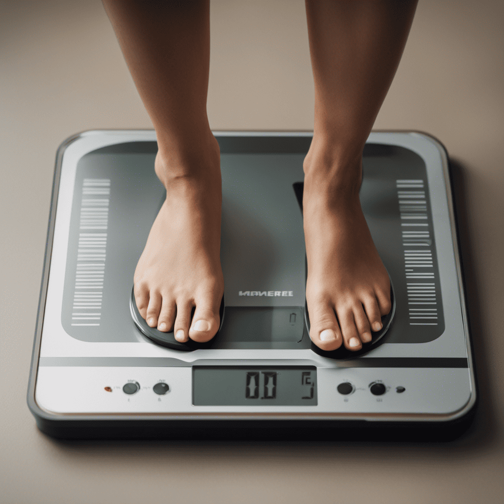 An image showcasing a person standing on a high-precision digital scale, displaying their weight and body fat percentage