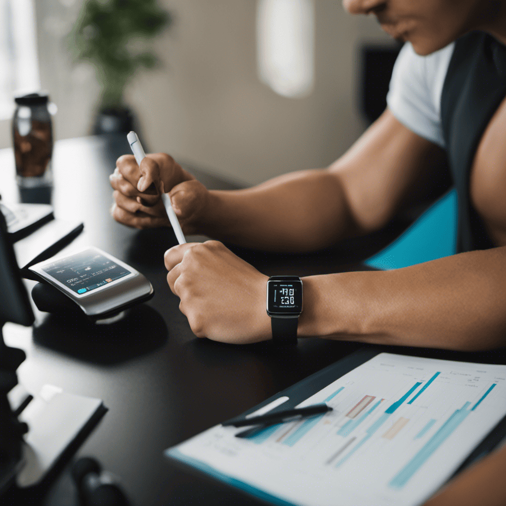 An image showcasing a diverse range of fitness tracking methods, such as fitness trackers, mobile apps, pen and paper, and body measurements, to visually guide readers in selecting the most suitable method for tracking their fitness progress