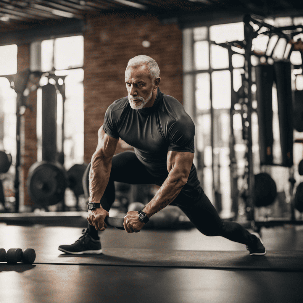 An image showcasing a mature man performing dynamic stretching exercises, with a focus on hip mobility and flexibility