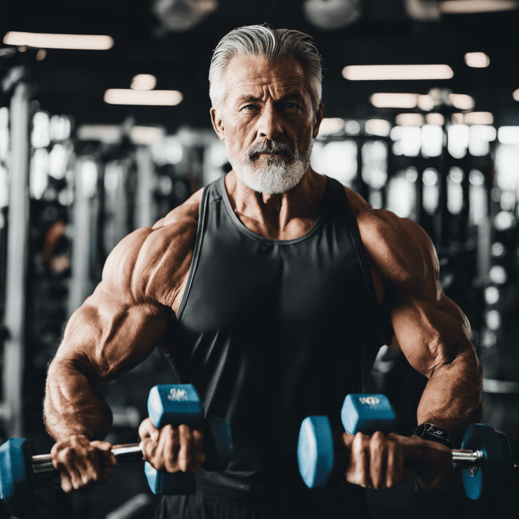 An image showcasing a mature man in a well-equipped gym, engaging in a diverse range of upper body strength training exercises such as bench presses, pull-ups, and dumbbell curls, highlighting form and intensity
