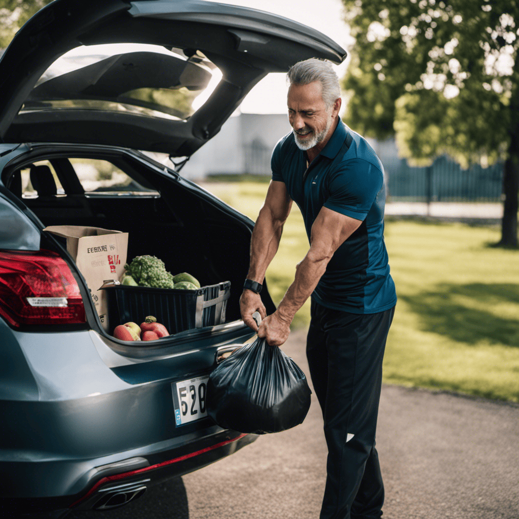 An image showcasing a mature man in his 40s effortlessly lifting a grocery bag into his car trunk after a functional training session, highlighting the integration of strength and mobility in everyday activities