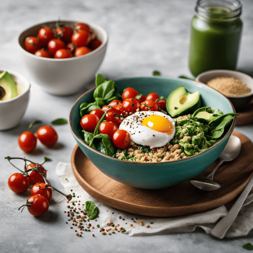 An image that showcases a vibrant breakfast bowl filled with nutrient-rich ingredients like spinach, avocado, quinoa, and roasted cherry tomatoes, topped with a perfectly poached egg and sprinkled with sesame seeds
