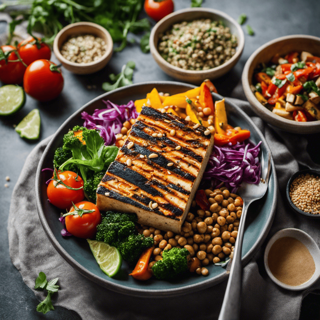 An image of a colorful plate filled with protein-rich vegetarian options, such as grilled tofu or tempeh, accompanied by a vibrant mix of roasted vegetables, hearty grains, and a drizzle of tangy tahini sauce