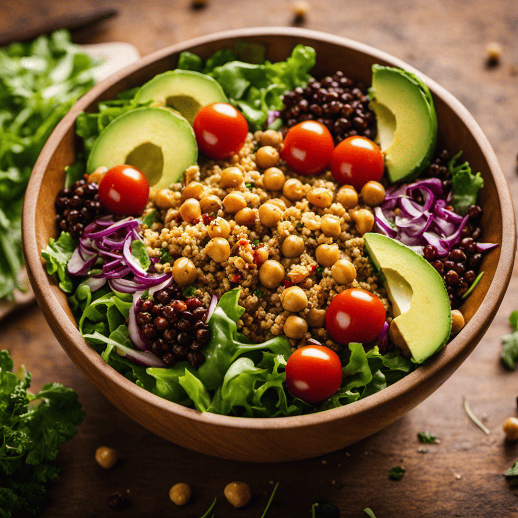 An image showcasing a vibrant salad bowl filled with nutrient-rich ingredients like quinoa, roasted chickpeas, mixed greens, avocado slices, cherry tomatoes, and a tangy vinaigrette dressing