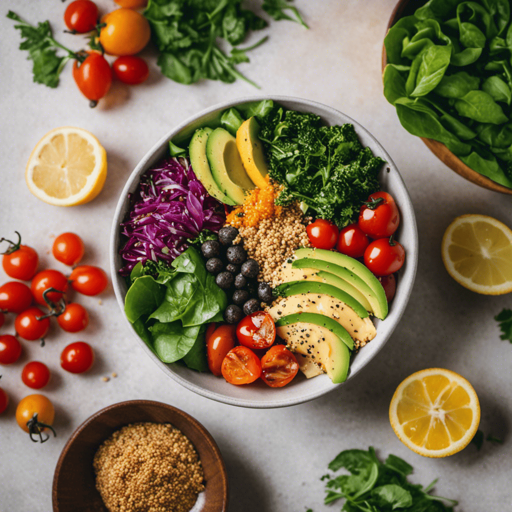 An image showcasing a colorful Buddha bowl, filled with nutrient-rich ingredients like quinoa, roasted sweet potatoes, avocado slices, mixed greens, cherry tomatoes, and a sprinkle of sesame seeds, all drizzled with a tangy lemon-tahini dressing