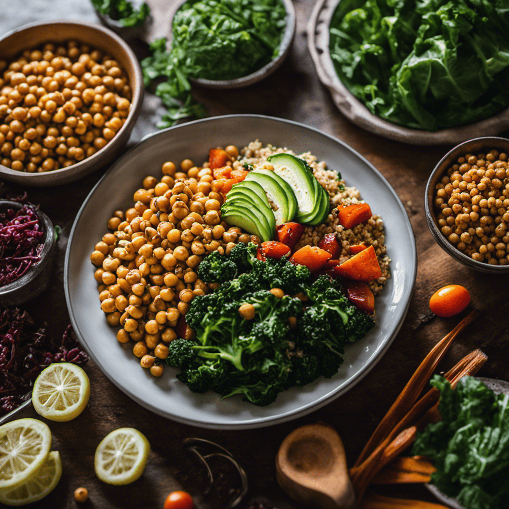 An image showcasing a vibrant plate filled with nutrient-rich foods like leafy greens, quinoa, chickpeas, and colorful roasted vegetables