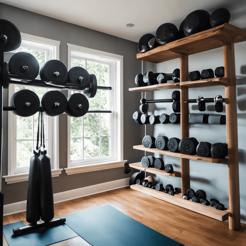 An image showcasing a well-organized home gym with sleek wall-mounted shelves, neatly storing dumbbells, resistance bands, and kettlebells