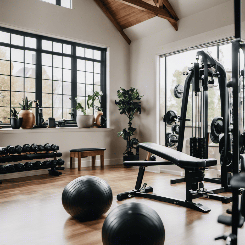 An image showcasing a spacious home gym with a sturdy, adjustable weight bench as the centerpiece