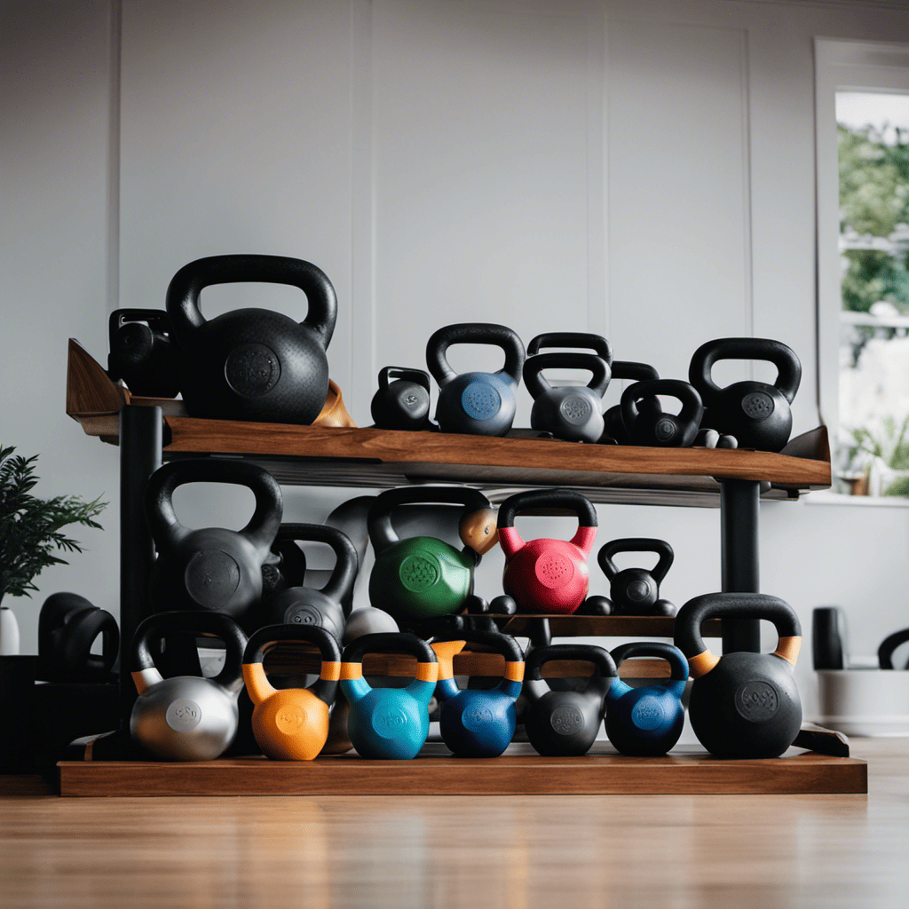 An image featuring a neatly organized home gym corner with a sturdy rack displaying an assortment of different weight kettlebells, ranging from light to heavy, ready to provide the ultimate strength training experience