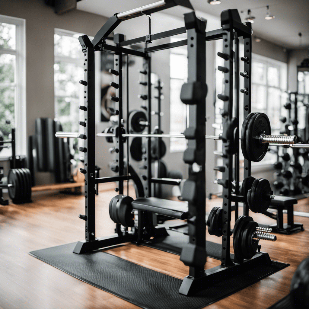 An image showcasing a well-organized home gym with a sturdy power rack, Olympic barbell, weight plates neatly stacked on a plate tree, and a weight bench, highlighting the essential equipment for an effective barbell-based strength training routine