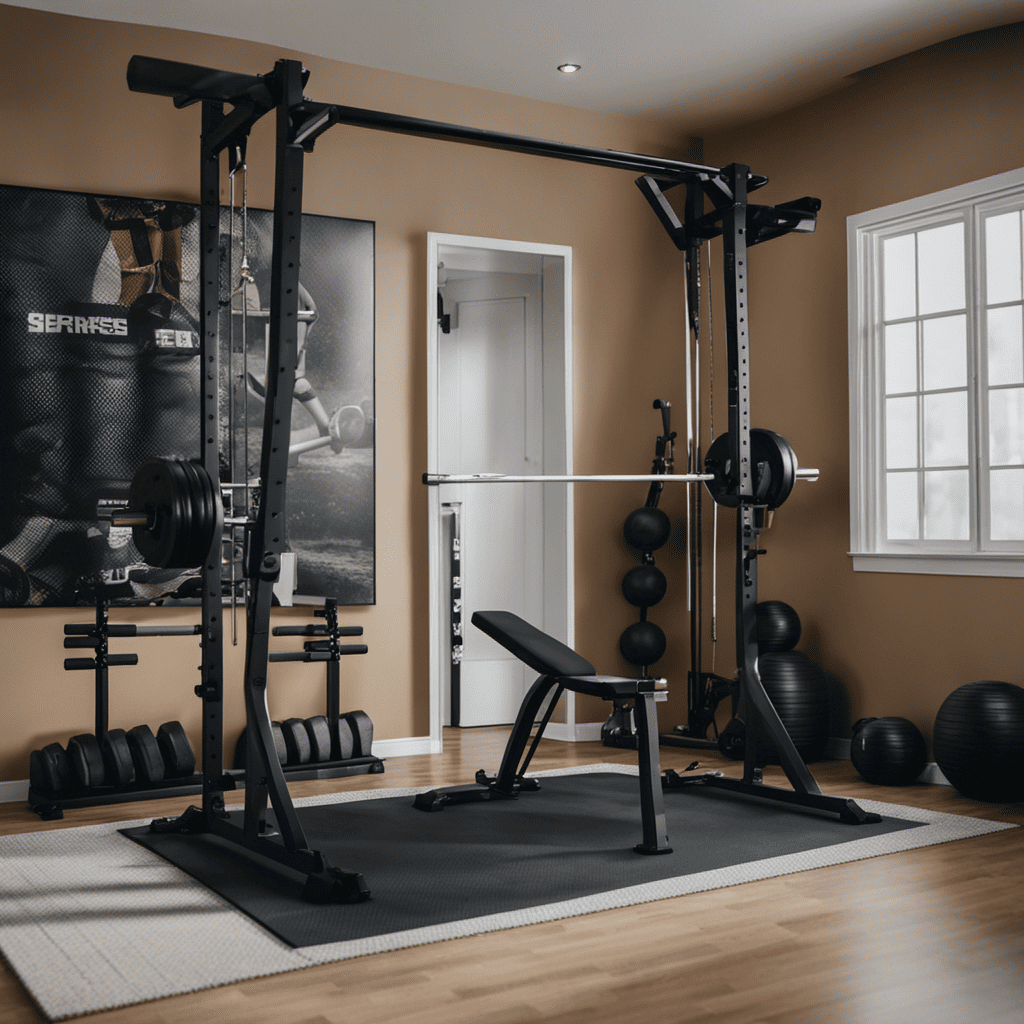 An image showcasing a well-equipped home gym with a sturdy pull-up bar mounted securely on a wall