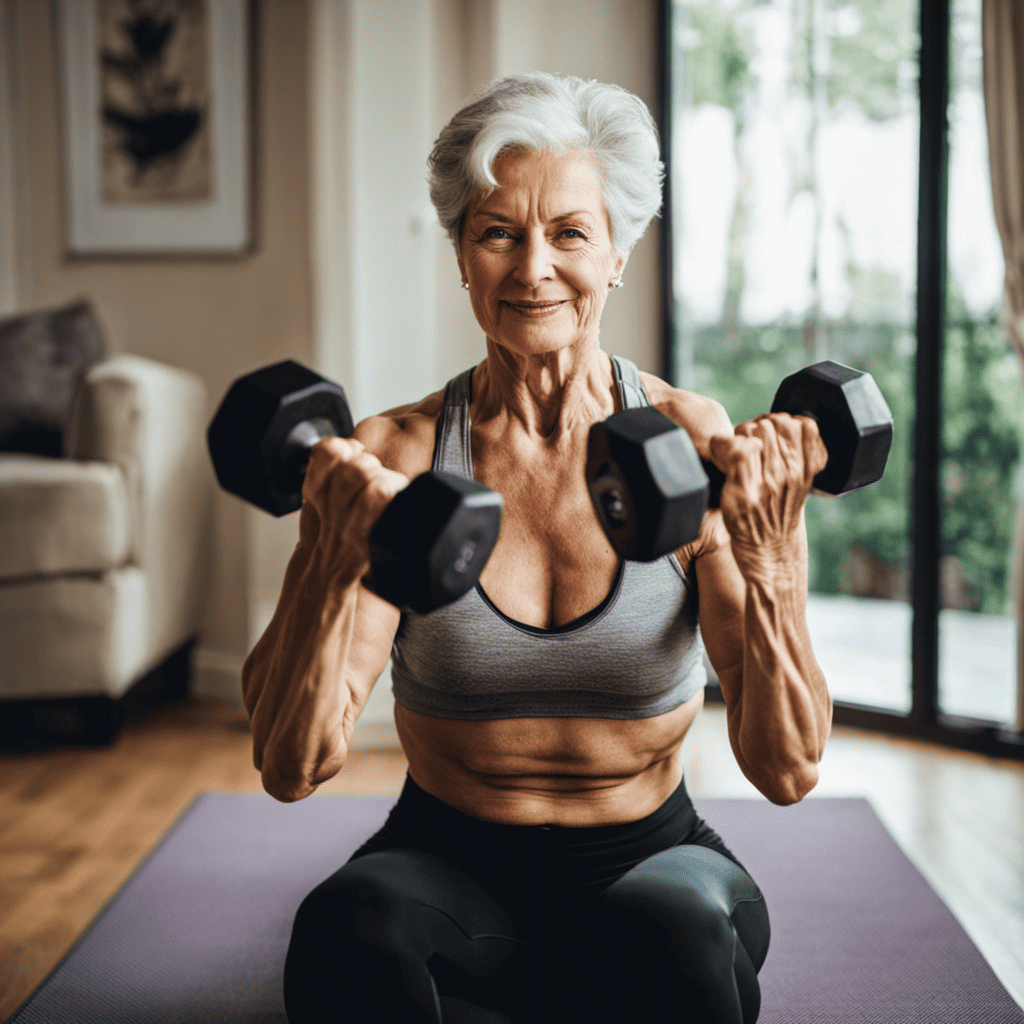 An image showcasing a mature woman in her 60s, confidently performing core strengthening exercises with dumbbells at home