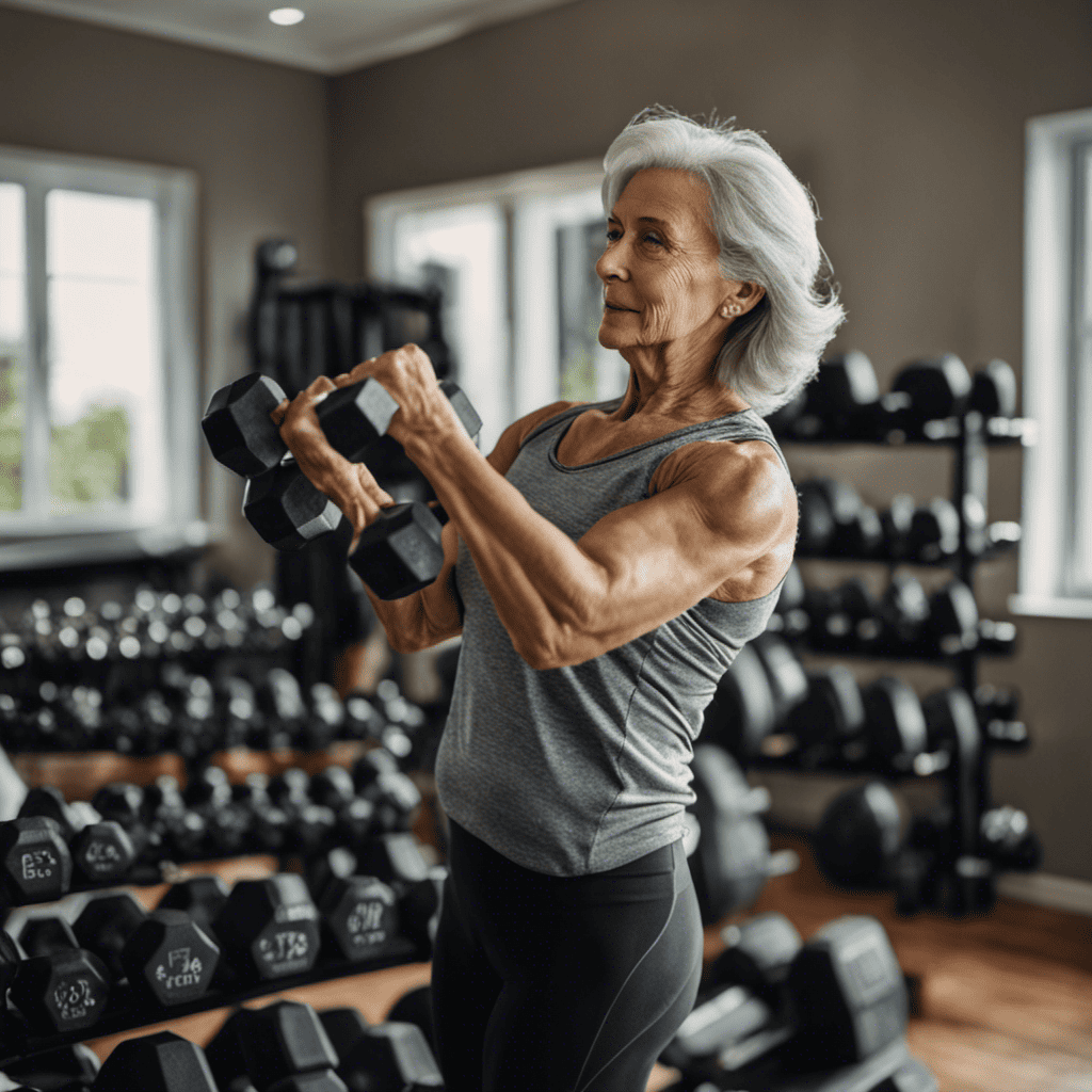 An image showcasing a mature woman in her 60s, confidently lifting dumbbells at home