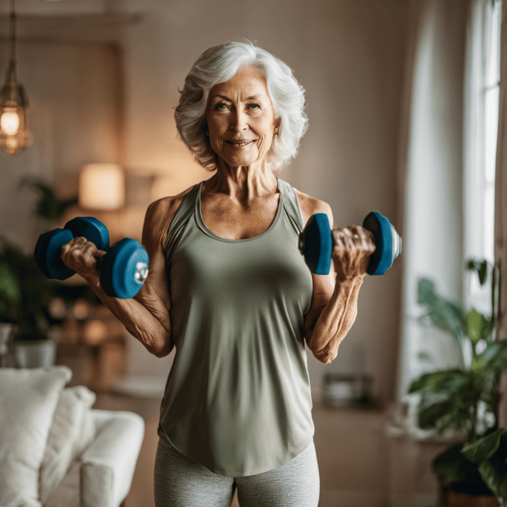 An image showcasing a vibrant, sunlit living room with a mature woman confidently lifting dumbbells, highlighting her toned arms and focused expression, inspiring strength and empowerment for women over 60