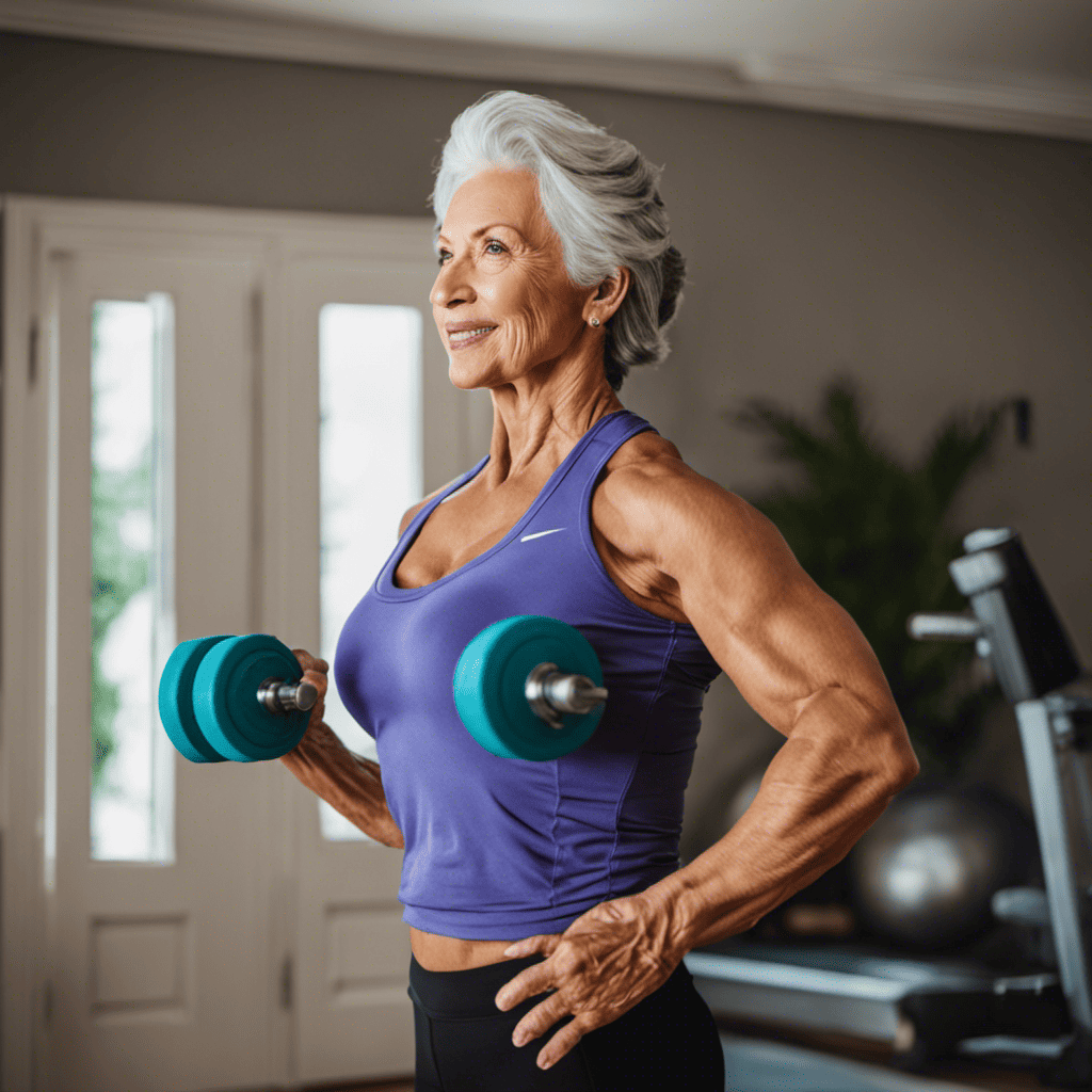An image showcasing a vibrant, mature woman confidently lifting dumbbells at home