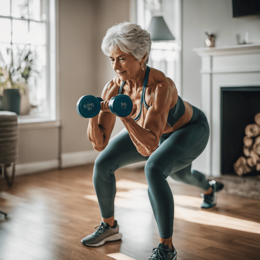 An image showcasing a vibrant, mature woman in her 60s confidently performing dumbbell exercises at home