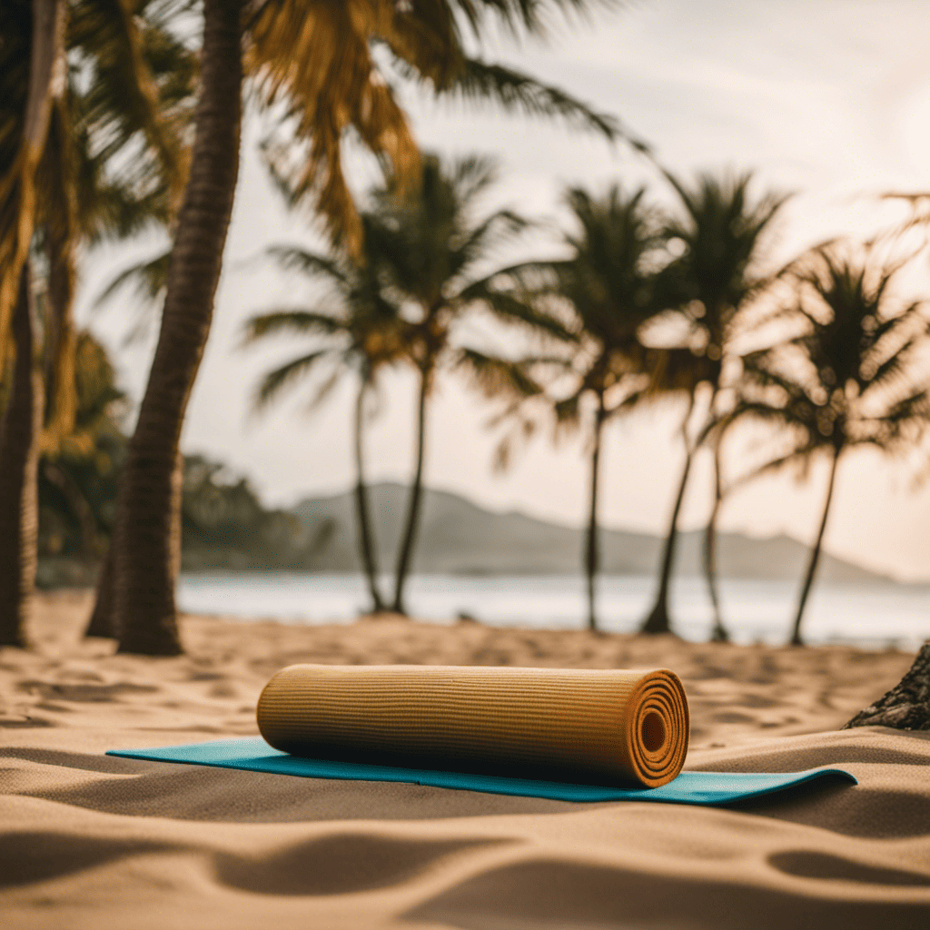 An image showcasing a serene beach setting with a yoga mat laid out on the sand, surrounded by a backdrop of palm trees and calm waves, inviting beginners to explore the best exercises