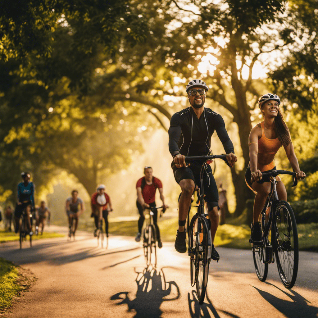 An image that showcases a diverse group of individuals engaging in beginner-friendly cardiovascular exercises, such as brisk walking, cycling, and jumping rope, with a scenic backdrop of a lush park and a vibrant sunrise