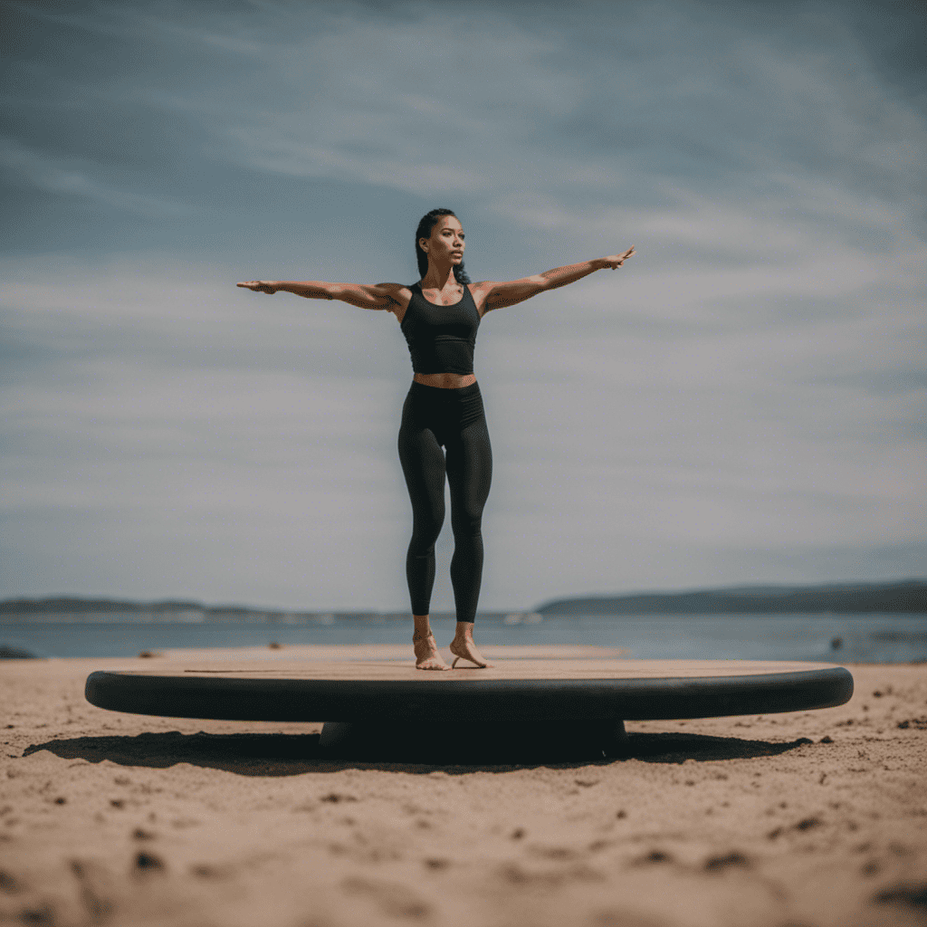 An image of a person standing on one leg, arms outstretched, on a wobble board