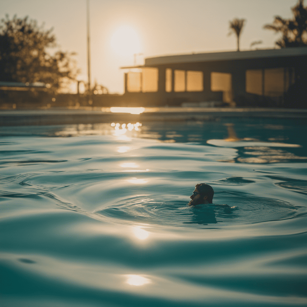 An image showcasing a serene pool scene, with a person peacefully swimming laps, surrounded by gentle ripples