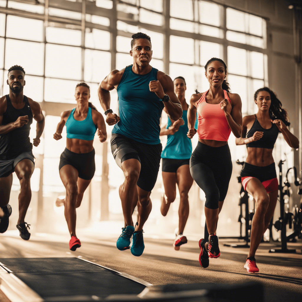 An image showcasing a diverse group of people engaging in high-intensity cardio exercises like running, cycling, swimming, and jumping rope