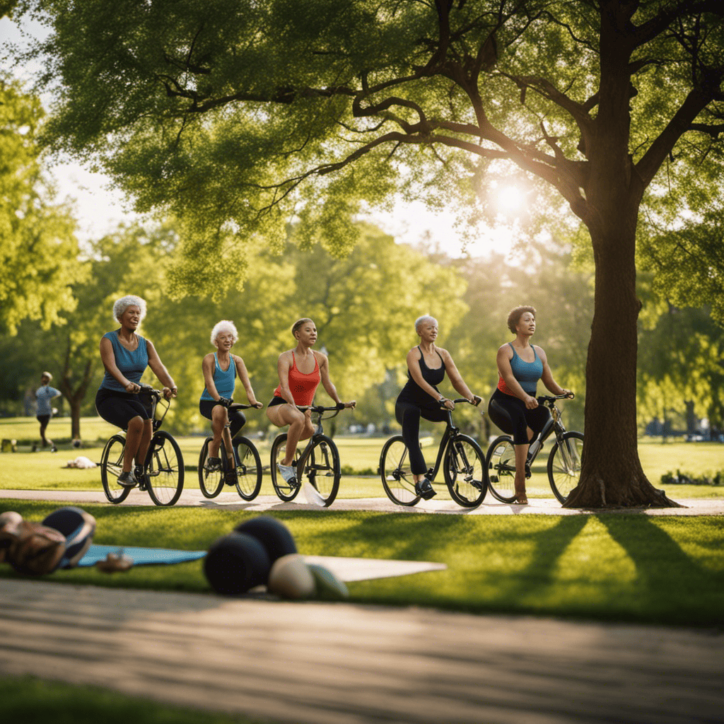 An image depicting a serene park scene with a diverse group of individuals engaging in low-impact exercises like swimming, cycling, and yoga