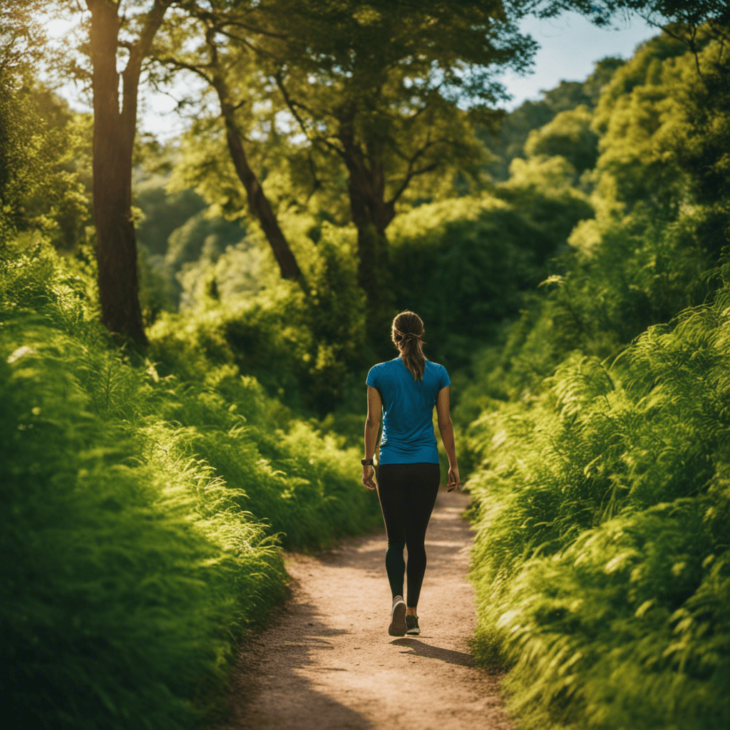 An image depicting a person confidently walking on a scenic path, surrounded by lush greenery and clear blue skies