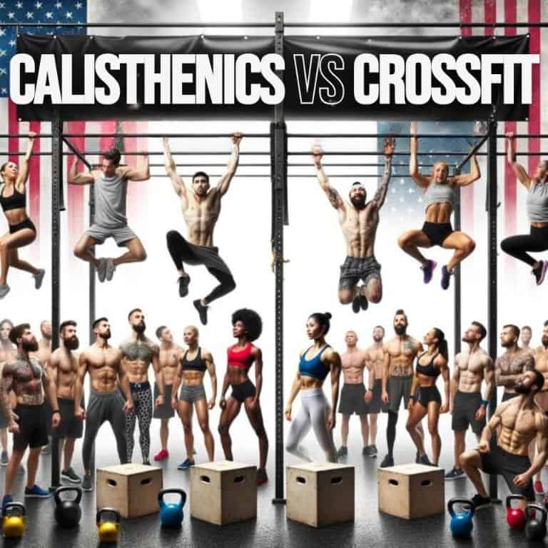 Calisthenics vs CrossFit: A Friendly Comparison for Fitness Lovers - Photo of a diverse group of athletes, half dressed in calisthenics gear doing handstands and pull-ups on bars, and the other half in CrossFit attire lifting kettlebells and doing box jumps, with a banner overhead saying 'Calisthenics vs CrossFit'.