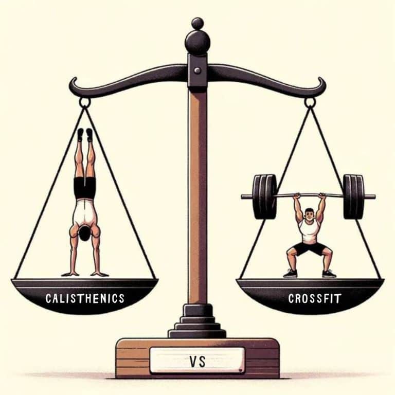 Illustration of a balanced scale, with one side showing a person doing a handstand (representing calisthenics) and the other side showing a person lifting a barbell overhead (representing CrossFit). Above the scale is the caption 'Calisthenics vs CrossFit: Which is your pick?'.