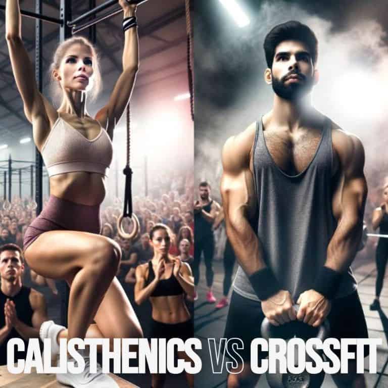 Photo of two athletes, a woman of European descent in calisthenics attire holding her balance on a bar, and a man of South Asian descent in CrossFit gear swinging a kettlebell, with a blurred background showing supporters of each sport cheering them on.